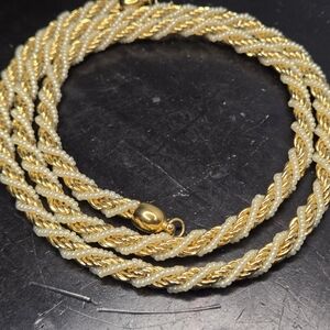 Vintage Trifari Twisted Gold Plated Rope Chain Intertwined  Faux Seed Pearls 30"
